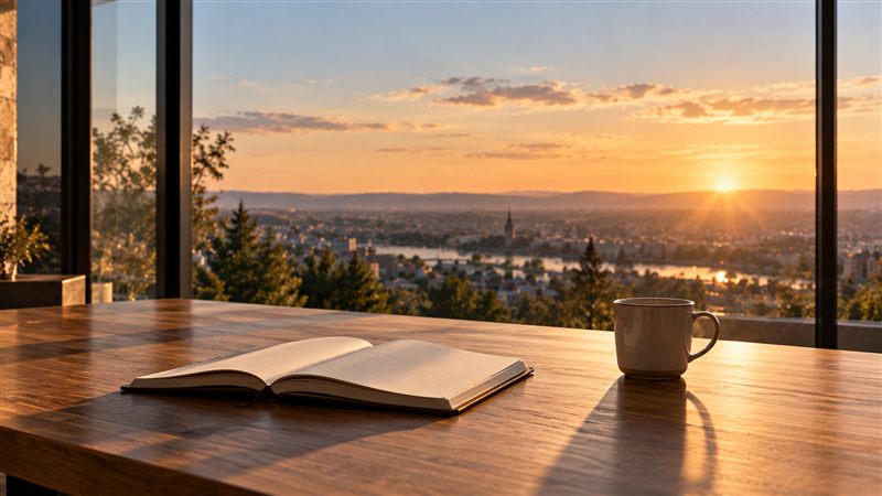 Bureau épuré au soleil levant, carnet ouvert et tasse, symbole de clarté mentale retrouvée