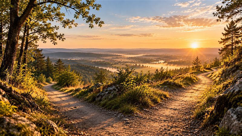 Sentier qui se sépare en deux chemins lumineux au lever du soleil, symbole d’un nouveau départ
