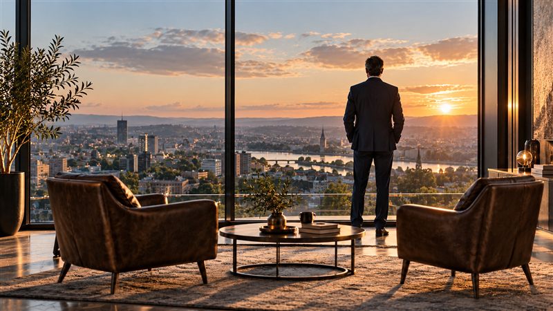 Dirigeant de dos face à la ville au coucher du soleil, prenant du recul avant une décision